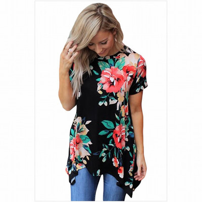 

Round neck short sleeve retro printed blouse midi top