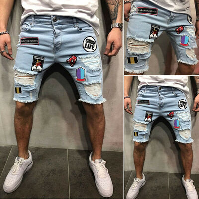 

Men Short Pant Skinny Distressed Denim Shorts Ripped Jeans Destroyed