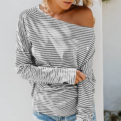 

Women Autumn Sexy Stripes Print Round Collar Off-the-shoulder Bat Sleeve Casual T-shirt Pullover Loose Tops