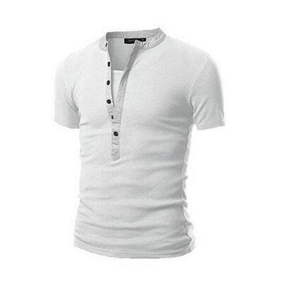 

Fashion Breathable Slim Elastic Splicing Multi-Button Round Neck Short Sleeve Mens T-Shirt Tee Top