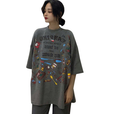 

Korean Cosy Summer T shirt Woman Spring O Neck T-Shirt Cartoon & Letters Print Half Sleeve Loose Tshirt Women harajuku