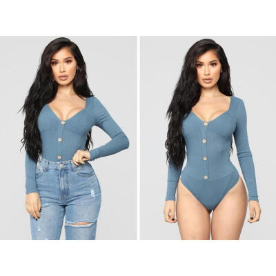 

SEXY Women&39s Long Sleeve Bodysuit Jumpsuit Romper Ladies Buttons Stretch Leotard Tops