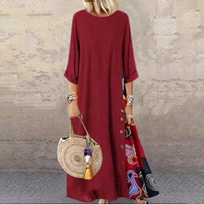 

Women Dress Cotton Linen Color Block Irregular Splicing Buttons Floral Print Three Quarter Sleeve Maxi Gown Vintage One-Piece