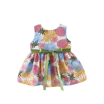 

Summer Girls Sweet Leaves Print Dress Watercolor Hand-painted Plant Print Strap Bow Princess Lovely Sleeveless Cotton Dress