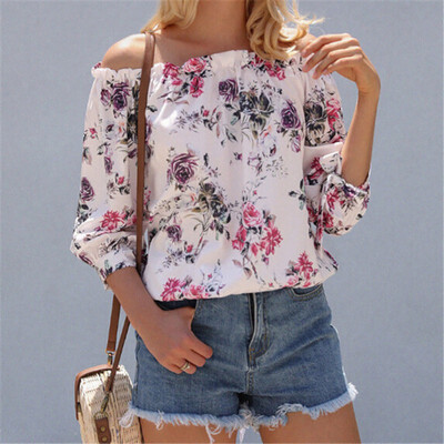 

Women Off Shoulder Blouse Shirt New Sexy Tops Lady Loose Floral Print Shirt Summer Fashion 34 Sleeve Slash Neck Clothes