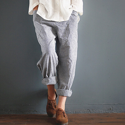 

Summer Womens Casual Loose Fit Striped Pocket Wide Leg Harlan Pants Trousers