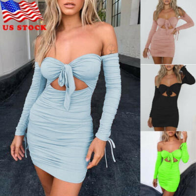 

US Women Off Shoulder Bodycon Long Sleeve Evening Party Cocktail Mini Dress -XL