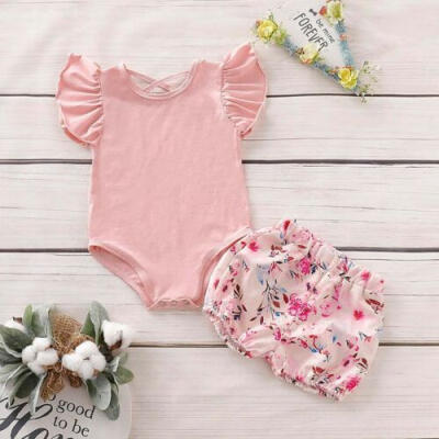 

US Seller Kid Baby Girl Summer Romper Tops Flower Shorts Summer Sunsuit Outfit