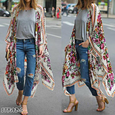 

US Women Floral Print Chiffon Loose Shawl Kimono Cardigan Top Cover up Blouse