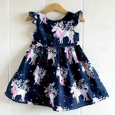 

Summer Infant Kid Girl floral Cartoon Unicorn Printed Casual Dresses One-Piece Costume Clothes