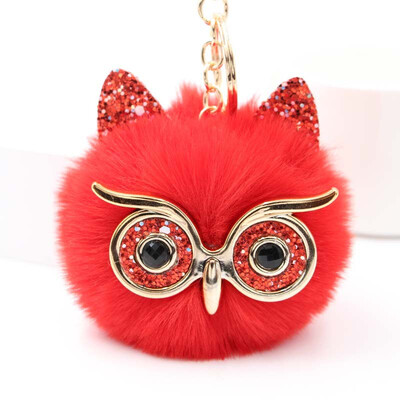 

Free Shipping Glasses Owel Charms Plush Phone Case Straps Rabbit Fur Like Key Chain Owels Poms Ball Pendant Keychains Car Keyring