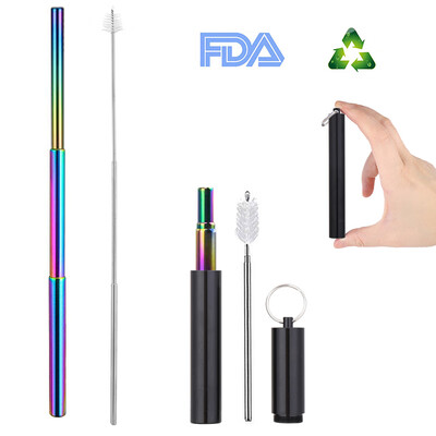 

Adjustable Reusable Stainless Steel Straws Three-Section Telescopic Straight Straw Set with Cleaning Brush for Water Coffee