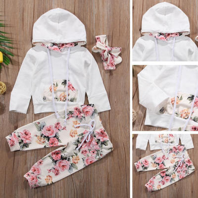 

3PCS Newborn Kids Baby Girls Spring Sweatshirt HoodiesPants Headband Outfit Set 0-24M