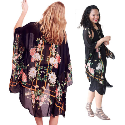 

Women Beach Cover Up Floral Print Open Front Loose Retro Boho Cardigan Shawl Poncho Black