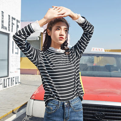 

Korean Style Flare Long Sleeve T Shirts Womens Harajuku Striped T Shirt Female Casual Student T-shirt