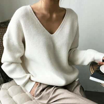 

Women Thicken Knitted Pullover Jumper Sweater V Neck Long Sleeve Knitwear Tops