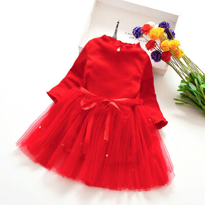 

Princess Kid Baby Girl Long Sleeve Sweater Dress Tulle Pearl Bridesmaid Dress