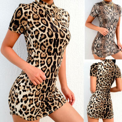 

Womens Leopard Bodycon Short Sleeve Evening Party Cocktail Club Short Mini Dress