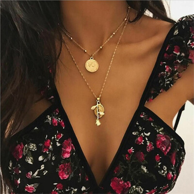 

Bohemian Multilayer Star Moon Pendant Necklace For Woman Fashion Geometric Charm Chain Choker Necklace 2019 Jewelry Wholesale