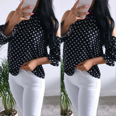 

Women High Neck Puff Sleeve Cold Shoulder Ladies Pullover Jumper Tops Blouse