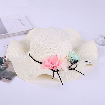 

Korean version ribbon flower straw hat female spring&summer wave-edged sunshade hat beach holiday sun hat