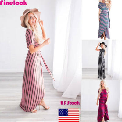 

Finelook Summer Women Boho Short Sleeve Beach Midi Dress Casual Striped Sundress