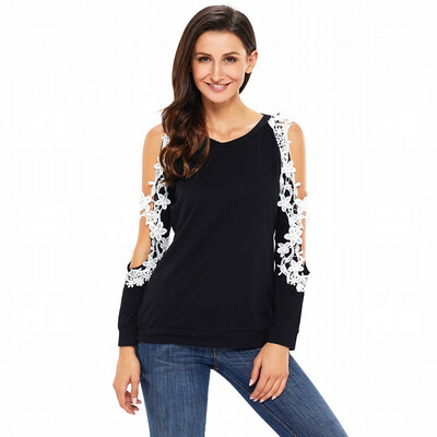 

Round neck long sleeve lace trim lace casual straight top