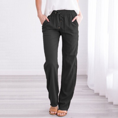 

Fashion Women Solid Lace Up Cotton And Linen Brief Casual Daliy Long Pants