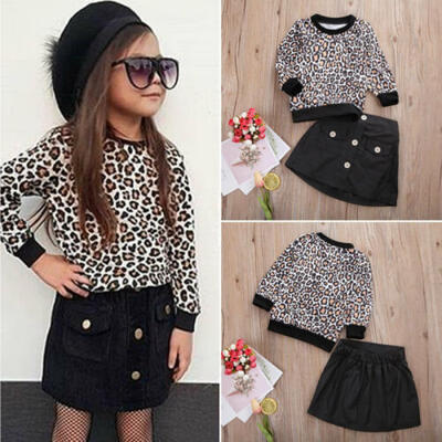 

US Infant Baby Kids Girls Long-sleeved Leopard Tops Short Skirt Autumn Clothes