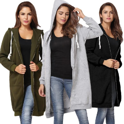 

New Fashion Women Hoodie Long Hooded Sweatshirts Coat Casual Pockets Zipper Solid Outerwear Jacket