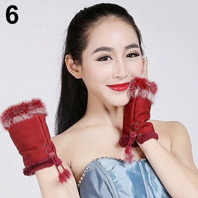 

Womens Fashion Winter Warm Imitation Rabbit Hair Faux Leather Fingerless Gloves