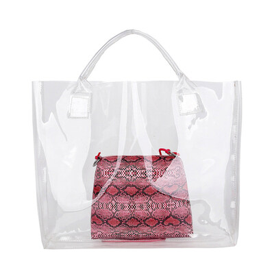 

2PcsSet Lady Summer Beach Transparent Tote Handbag Snakeskin Print Shoulder Bag
