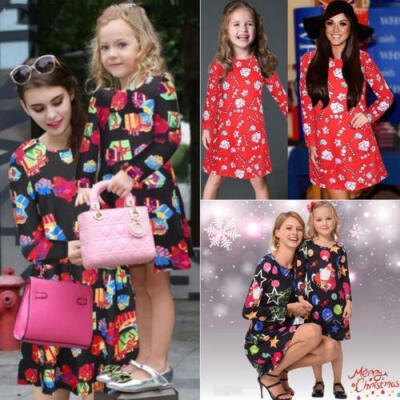 

Fashion Christmas Mother Daughter Dress Santa Long Sleeve Xmas Family Matching Clothes Outfits