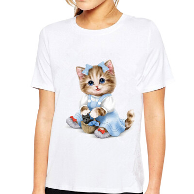 

Starmoon Women Cute Cartoon Cat Sprouting Print Round Neck Short Sleeved White T-shirt