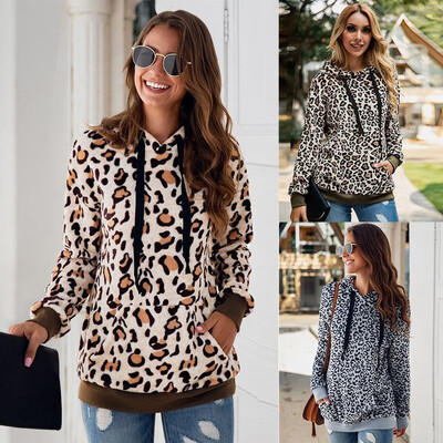 

Women Leopard Hoodies Hooded Sweatshirt Fleeces Drawstring Loose Warm Autumn Winter Pullovers Casual Tops Outwear
