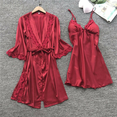 

3PCS Womens Silk Satin Nightie Gown Lingerie Sleepwear Pyjamas Set Robe Pants