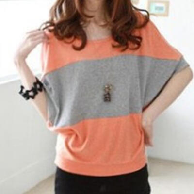 

Fashion Casual Women Summer T-shirts Bat Sleeves Splicing Color Loose Tops