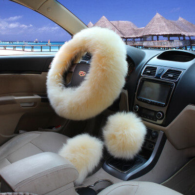 

Fashion 3Pcs Long Plush Fuzzy Steering Wheel Cover Light Camel Car Accessory