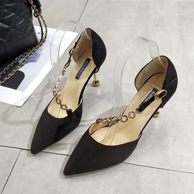 

Spring 2019 new cat&pointed shoes hollow sandals stiletto heels suede rhinestones buckle womens shoes