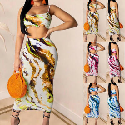 

Women 2 Piece Bodycon Two Piece Crop Top&Skirt Set Bandage Dress Party