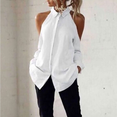 

Women Off Shoulder Long Sleeve Chiffon Shirt Tops Turn Down Collar Casual Blouse