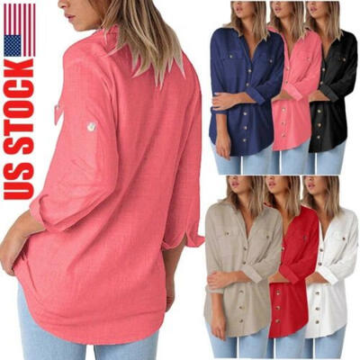 

USA STOCK Women Summer Loose Linen Tops Long Cuffed Sleeve Casual Blouse T-Shirt