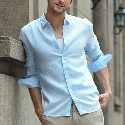 

Toponeto Mens Baggy Cotton Linen Solid Long Sleeve Button Retro Turn-down Collar Shirts