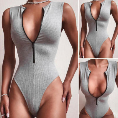 

Women Sexy Deep V Neck Sleeveless Romper Tops Zipper Bodysuit Club Wear Clothes