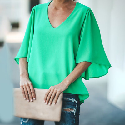 

Summer Womens Casual V-neck Bell Sleeve Loose Chiffon Blouse T-shirt Tops Plus
