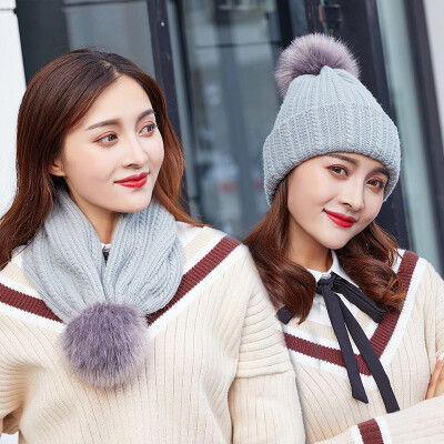 

Womens winter Korean version of the warm knitted hat hundred round neck double with a wool ball hat winter ear-guard hat hat