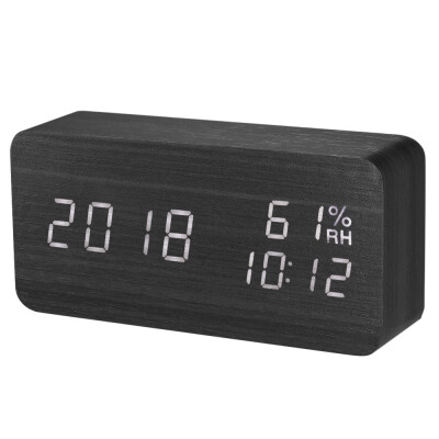 

Wooden LED Digital Sound Control Alarm Clock USBBattery Powered Dimmer Indoor Hygrometer Thermometer Clock with 3 Alarms Weekday