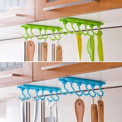 

6 Hooks Cup Holder Hanging Cabinet Under Shelf Storage Rack Organizer 4 Colors