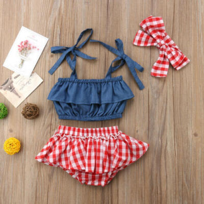 

US Toddler Kids Baby Girls Summer Denim Tops Plaid Shorts 3Pcs Outfits Sunsuit