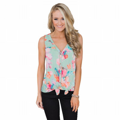 

Printed vest T-shirt womens V-neck sleeveless single-breasted Sweatshirt